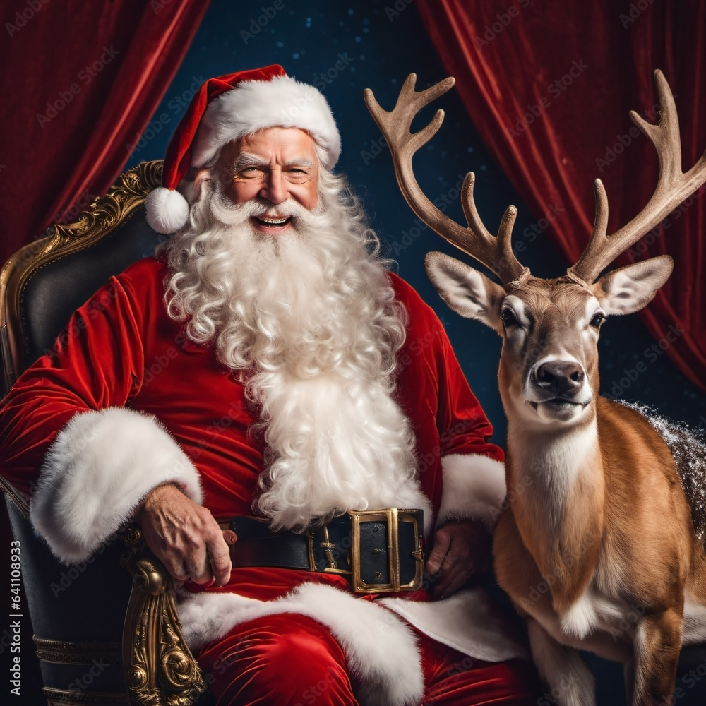 A festive Santa Claus close-up, accompanied by his reindeer team, brings the magic and joy of Christmas to life