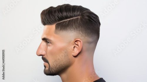 Low fade machine haircut for handsome bearded man on white background. Hair cut with a smooth transition.