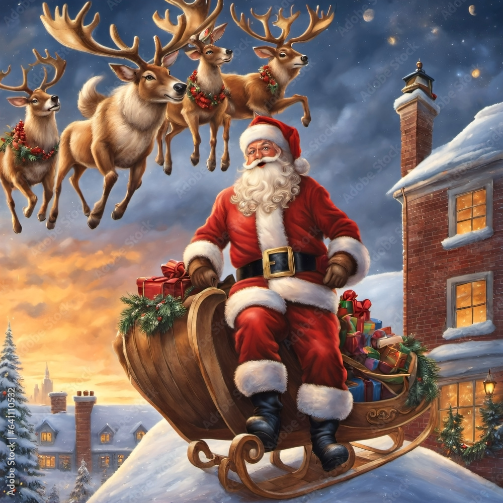 Santa Claus on a sleigh, led by reindeer, delivers gifts on a magical Christmas Eve journey, spreading holiday cheer