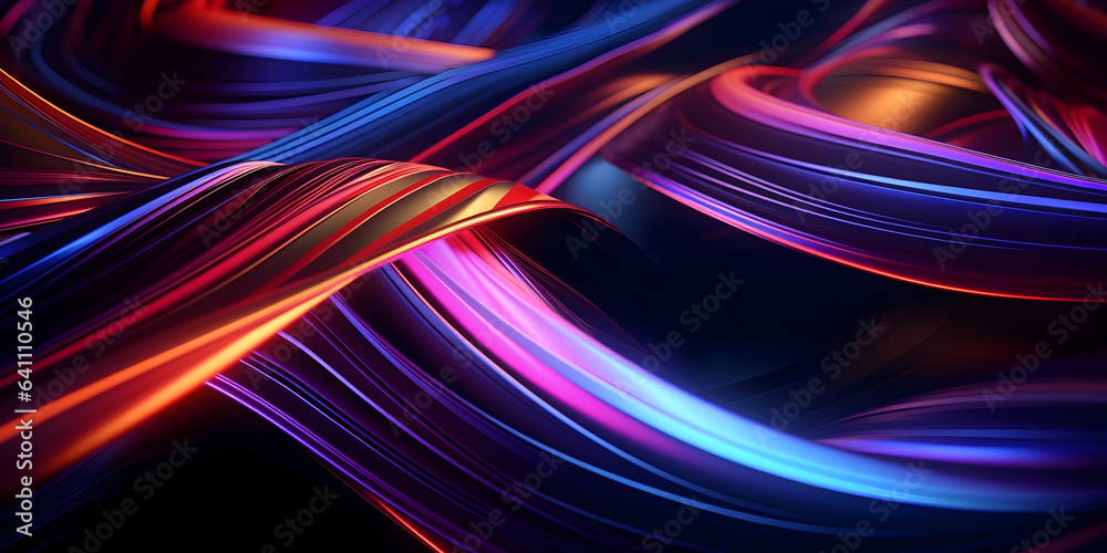A digital futuristic wallpaper, featuring a mesmerizing 3d render of an abstract neon background, with a vibrant multicolored iridescent folded ribbon, illuminated by glowing lines of color over a dee - obrazy, fototapety, plakaty 