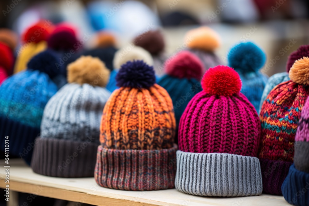A variety of knitted beanies are spread out, showcasing an array of colors and designs