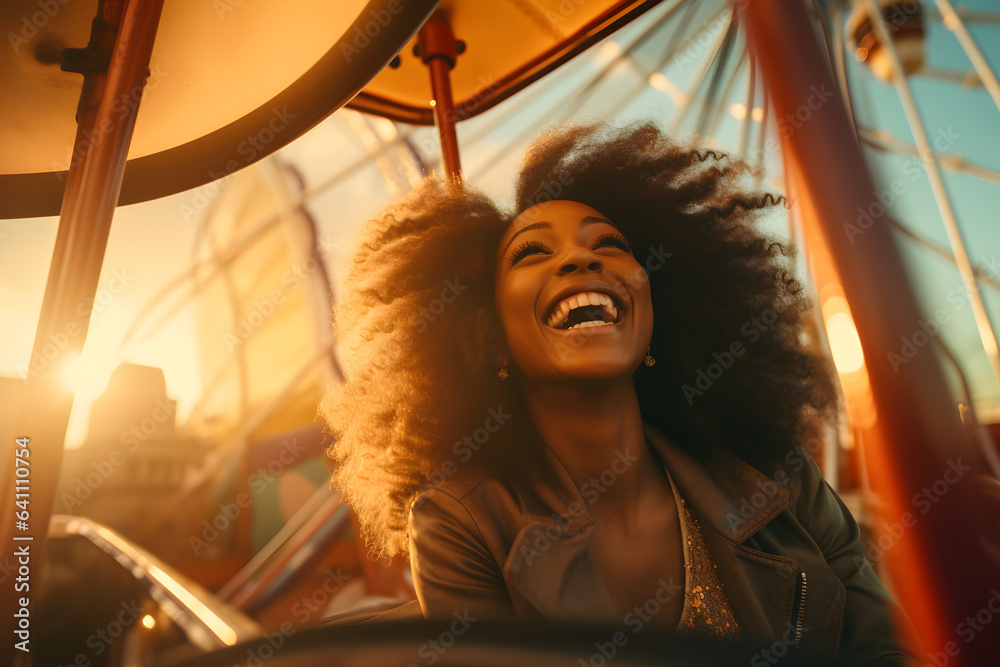 portrait of happy black woman on a Ferris wheel