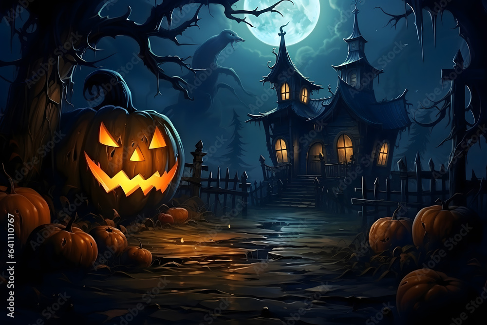 Fototapeta premium scary spooky halloween season, monster skull and crossbones halloween witch with pumpkin, halloween and October background 