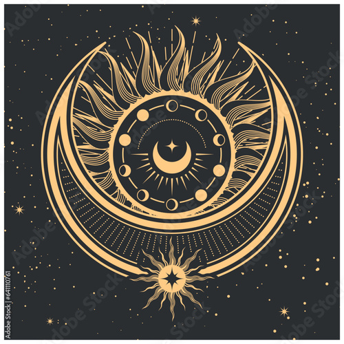 Mystical sun and moon, tarot cards magic, sorcery and divination occult symbol, vector