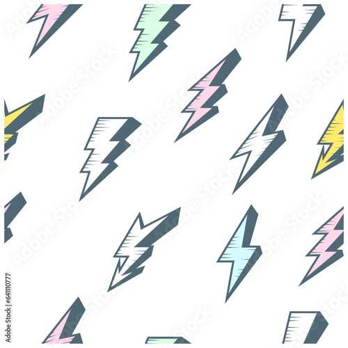 Cartoon lightning bolt seamless pattern, thunder background, vector