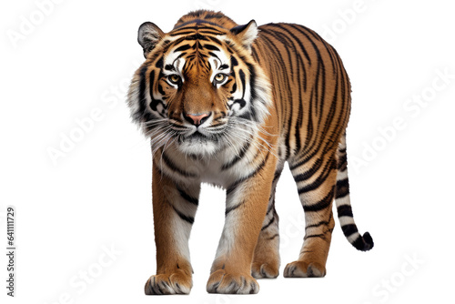 Portrait of Asia Bengal tiger that looking at camera isolated on clean png background  hunter in the forest  wildlife concept.