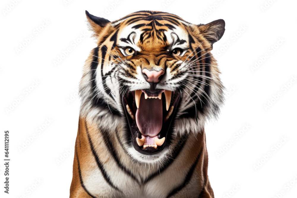 Obraz premium Portrait of Asia Bengal tiger that looking at camera isolated on clean png background, hunter in the forest, wildlife concept.