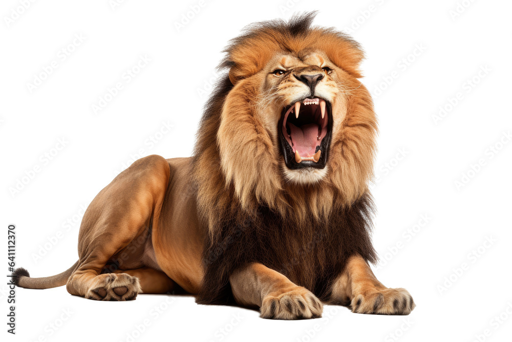 Portrait of Africa lion leo that looking at camera isolated on clean png background, King hunter in the savanna, wildlife concept
