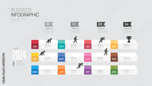 Infographic template for business. 2024 12 Month chart Timeline diagram, gantt progress steps milestone presentation vector.