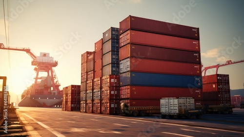 A wharf with many containers. Transportation Logistics of international container cargo shipping. Freight transportation, International global shipping.