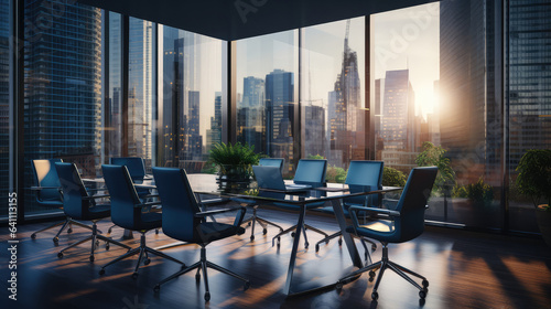Office meeting room interior glass segmented with large window. A large conference room on a high-rise building, glass windows surround the view surrounded by the city buildings of the setting sun.