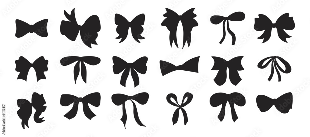 Fototapeta premium Gift bow set. Black silhouette, birthday and christmas elegant ribbons for presents decoration. Different decor for boxes packaging. Wrapping elements, cards wrap pack vector isolated set