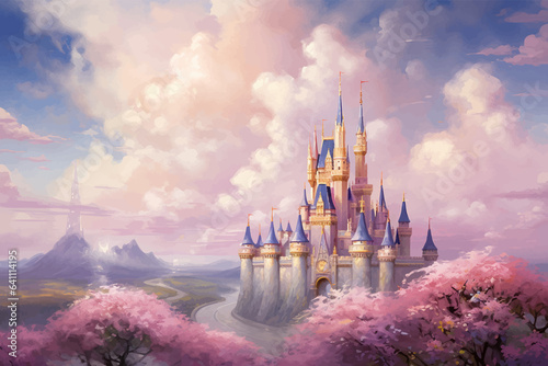 Princess Castle. Magic Pink Castle in the clouds. Fantasy world. Fairytale landscape. Cartoon Castle in the blue sky. Pink clouds. Flowers. Kingdom. Magic tower. Fairy city. Illustration for children