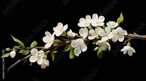 Blooming white flowered branch with green foliage