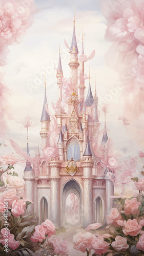 Princess Castle. Magic Pink Castle in the clouds. Fantasy world. Fairytale landscape. Cartoon Castle in the blue sky. Pink clouds. Flowers. Kingdom. Magic tower. Fairy city. Illustration for children