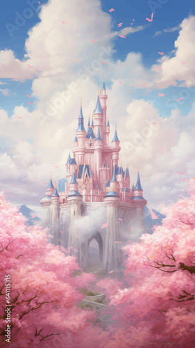 Princess Castle. Magic Pink Castle in the clouds. Fantasy world. Fairytale landscape. Cartoon Castle in the blue sky. Pink clouds. Flowers. Kingdom. Magic tower. Fairy city. Illustration for children