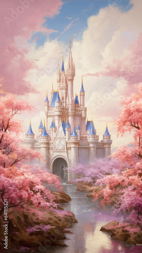 Princess Castle. Magic Pink Castle in the clouds. Fantasy world. Fairytale landscape. Cartoon Castle in the blue sky. Pink clouds. Flowers. Kingdom. Magic tower. Fairy city. Illustration for children