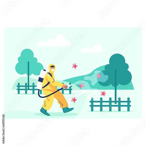 Man in protective mask and form walking outside with sprayer and performing disinfection. Protection from viruses concept. Flat vector illustration in cartoon style