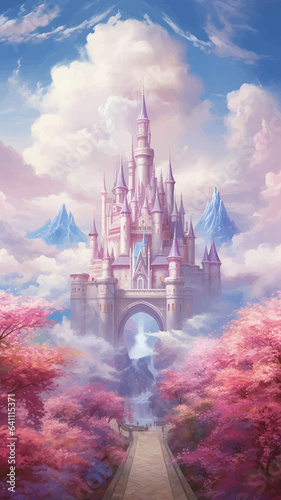 Princess Castle. Magic Pink Castle in the clouds. Fantasy world. Fairytale landscape. Cartoon Castle in the blue sky. Pink clouds. Flowers. Kingdom. Magic tower. Fairy city. Illustration for children