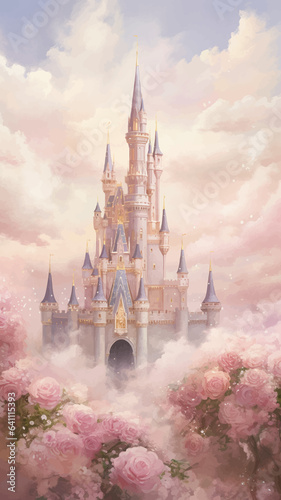 Princess Castle. Magic Pink Castle in the clouds. Fantasy world. Fairytale landscape. Cartoon Castle in the blue sky. Pink clouds. Flowers. Kingdom. Magic tower. Fairy city. Illustration for children
