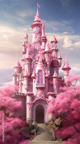 Princess Castle. Magic Pink Castle in the clouds. Fantasy world. Fairytale landscape. Cartoon Castle in the blue sky. Pink clouds. Flowers. Kingdom. Magic tower. Fairy city. Illustration for children