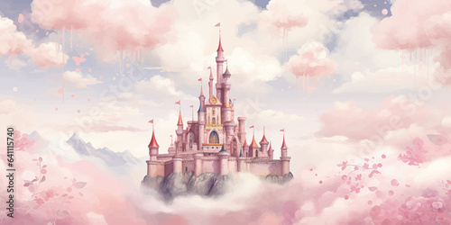 Princess Castle. Magic Pink Castle in the clouds. Fantasy world. Fairytale landscape. Cartoon Castle in the blue sky. Pink clouds. Flowers. Kingdom. Magic tower. Fairy city. Illustration for children
