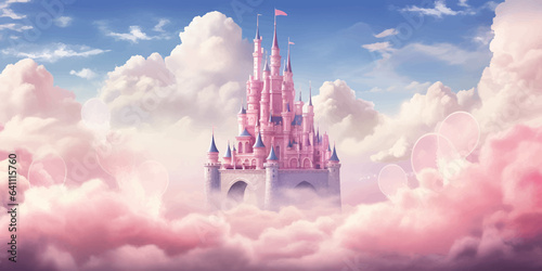 Princess Castle. Magic Pink Castle in the clouds. Fantasy world. Fairytale landscape. Cartoon Castle in the blue sky. Pink clouds. Flowers. Kingdom. Magic tower. Fairy city. Illustration for children