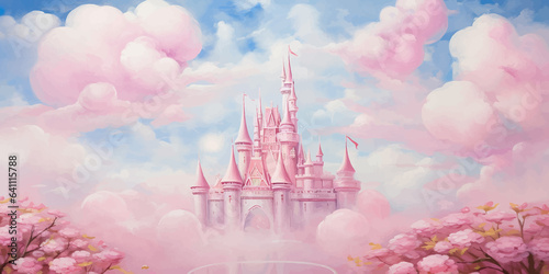 Princess Castle. Magic Pink Castle in the clouds. Fantasy world. Fairytale landscape. Cartoon Castle in the blue sky. Pink clouds. Flowers. Kingdom. Magic tower. Fairy city. Illustration for children