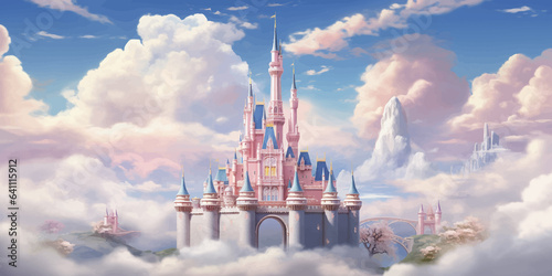 Princess Castle. Magic Pink Castle in the clouds. Fantasy world. Fairytale landscape. Cartoon Castle in the blue sky. Pink clouds. Flowers. Kingdom. Magic tower. Fairy city. Illustration for children