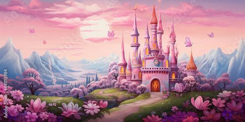Princess Castle. Magic Pink Castle in the clouds. Fantasy world. Fairytale landscape. Cartoon Castle in the blue sky. Pink clouds. Flowers. Kingdom. Magic tower. Fairy city. Illustration for children