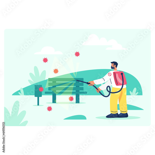 Worker performing protection against different viruses outside. Clean bench outside concept. Flat vector illustration in yellow and green colors in cartoon style