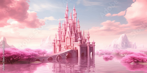 Princess Castle. Magic Pink Castle in the clouds. Fantasy world. Fairytale landscape. Cartoon Castle in the blue sky. Pink clouds. Flowers. Kingdom. Magic tower. Fairy city. Illustration for children