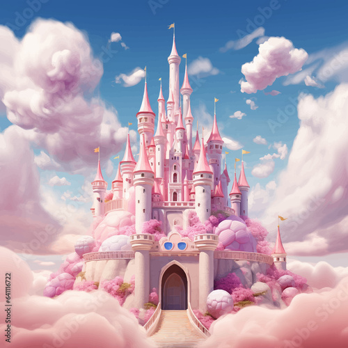 Princess Castle. Magic Pink Castle in the clouds. Fantasy world. Fairytale landscape. Cartoon Castle in the blue sky. Pink clouds. Flowers. Kingdom. Magic tower. Fairy city. Illustration for children