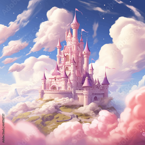 Princess Castle. Magic Pink Castle in the clouds. Fantasy world. Fairytale landscape. Cartoon Castle in the blue sky. Pink clouds. Flowers. Kingdom. Magic tower. Fairy city. Illustration for children