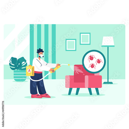 Male in protective uniform cleaning armchair in apartment. Cleaning and treatment of upholstered furniture from ticks. Home care and disinfection concept. Flat vector illustration