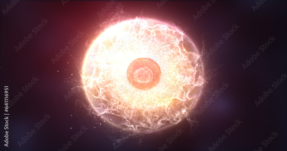 Abstract sphere atom with electrons flying glowing yellow bright ...