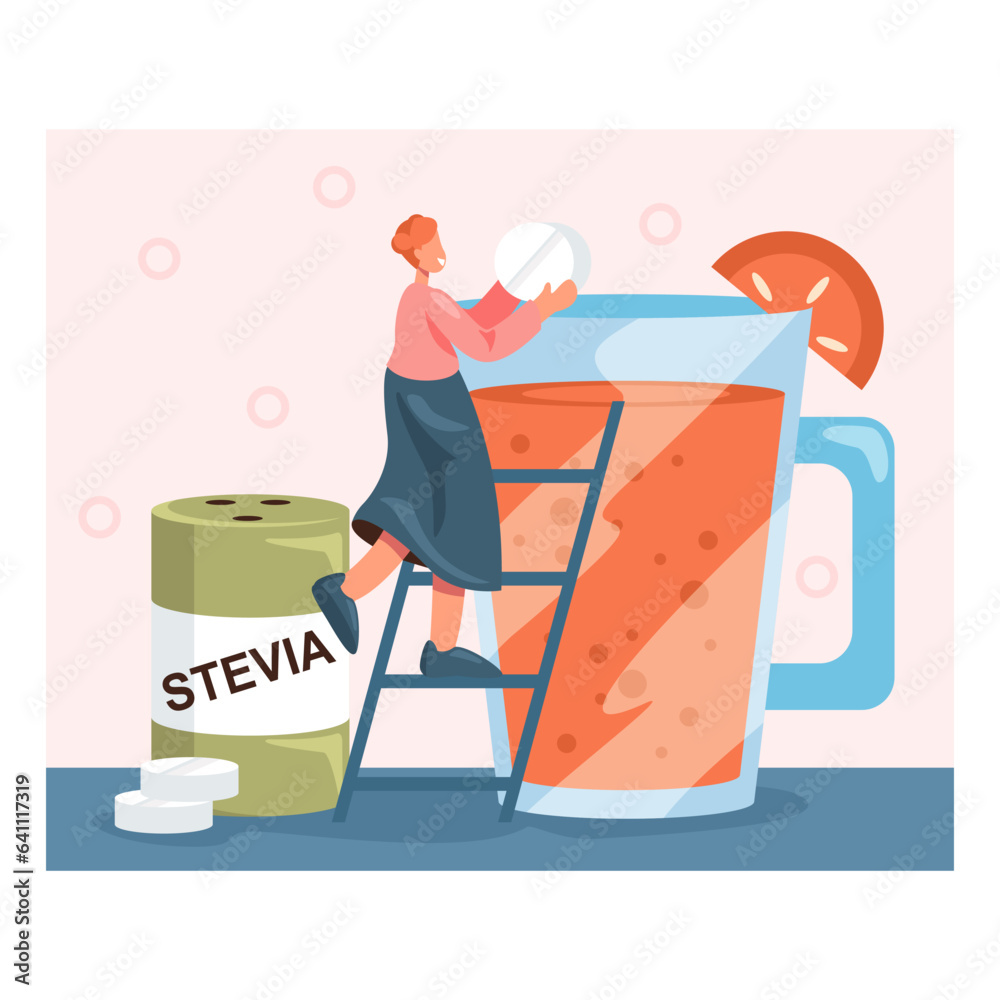 Female standing on stairs near cup of juice adding stevia pill to drink. Healthy and natural sweetener concept. Flat vector illustration in cartoon style