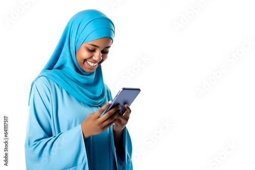 Muslim African woman wearing a hijab checking her smartphone or are swiping her phone. Isolated on white background with copy space.