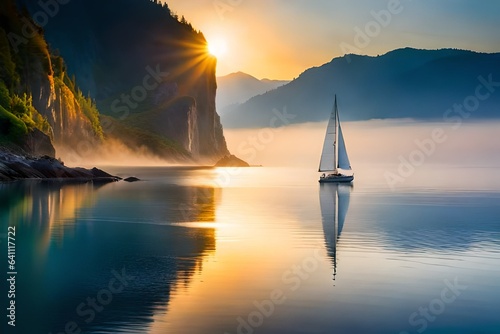 An expansive coastal vista, a lone sailboat navigating gentle waves © usama