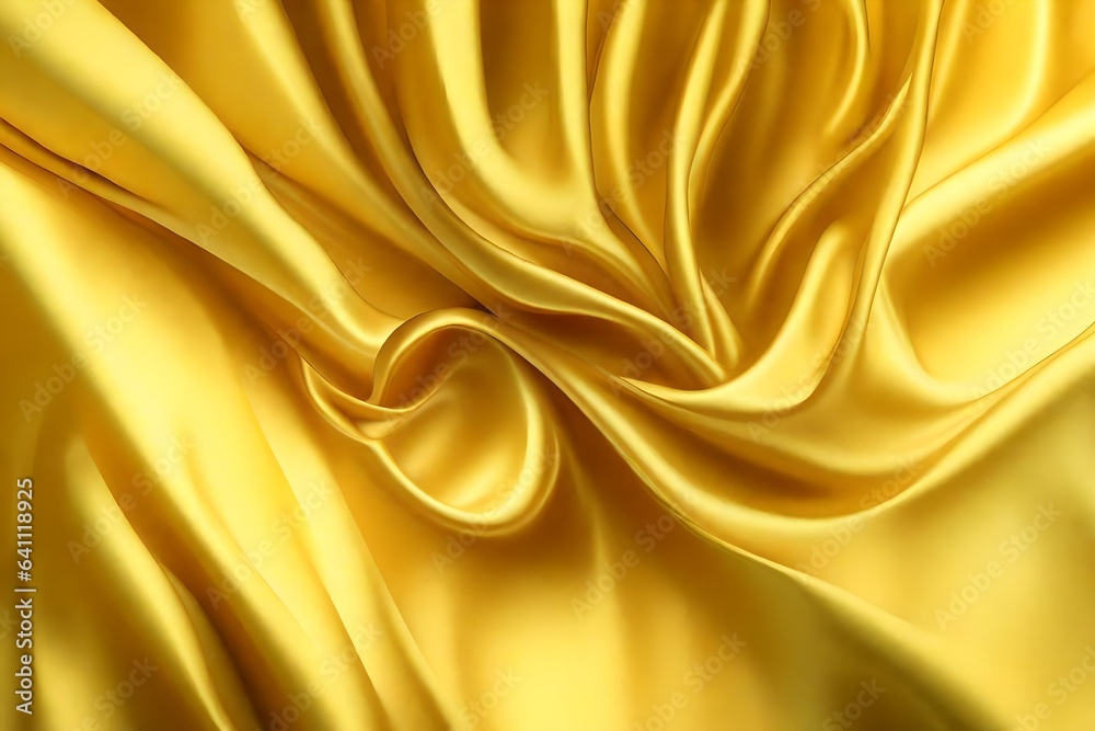 Closeup of rippled yellow color satin fabric cloth texture background