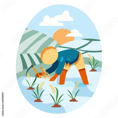 Professional worker in traditional hat and uniform holding rice ears, sickle and working in field, harvesting. Rice cultivation in Asia concept. Flat vector illustration in cartoon style