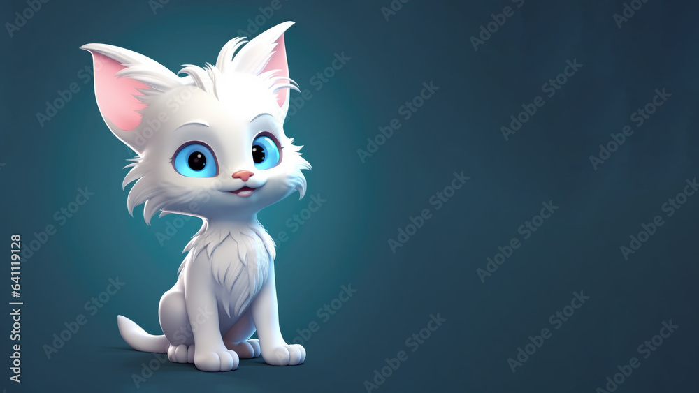 Funny cartoon cat looking happy with smiling mouth isolated on pastel background with copy space