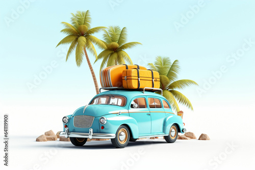 Funny retro car with surfboards, suitcases and palms © kabir