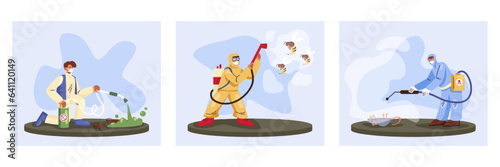 Male in protective uniform disinfects premises, treats surfaces with anti-cockroach agent. Man sprays air against bee. Worker cleans surface, cleaning room from rats and rodents. Flat vector