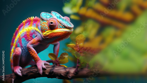 Fototapeta Naklejka Na Ścianę i Meble -  Colorful chameleon is crawling on a branch