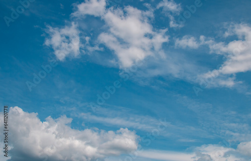 Summer sky with storm clouds. Beauty is clear, cloudy, in sunlight. Gloomy bright blue landscape in the environment day..