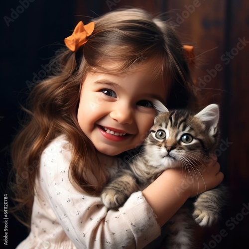 Little smiling girl holding a kitten