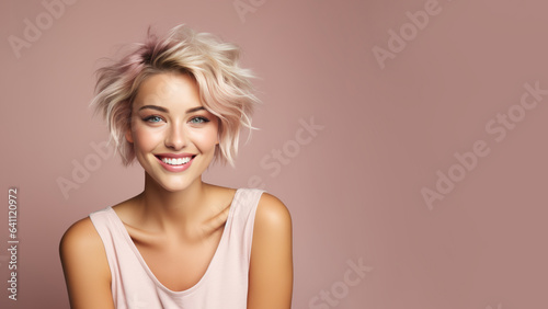 Beautiful short curly blonde girl  bright smile  isolated on pastel background