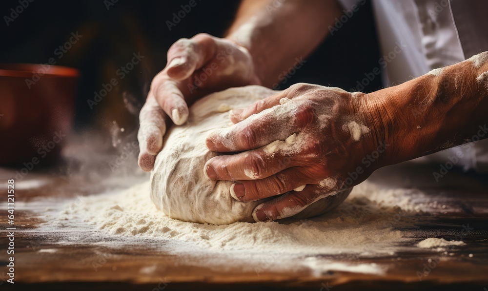 close-up of hands kneading dough on a floured surface  . Generative AI