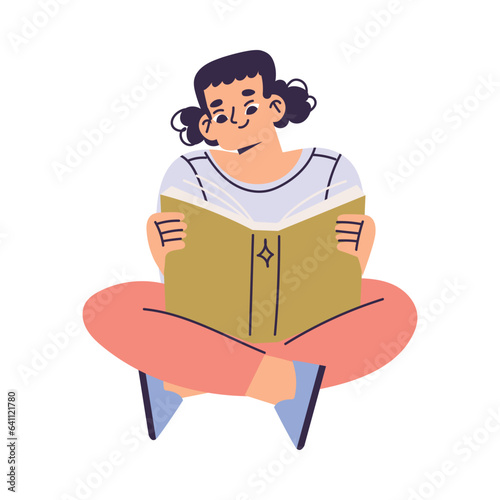 Little Girl with Open Book Sitting Reading Interested with Story Vector Illustration